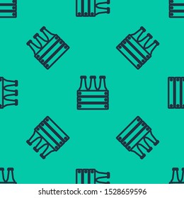 Blue line Pack of beer bottles icon isolated seamless pattern on green background. Wooden box and beer bottles. Case crate beer box sign.  Vector Illustration