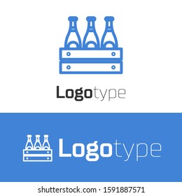 Blue line Pack of beer bottles icon isolated on white background. Wooden box and beer bottles. Case crate beer box sign. Logo design template element. Vector Illustration