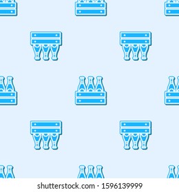 Blue line Pack of beer bottles icon isolated seamless pattern on grey background. Wooden box and beer bottles. Case crate beer box sign.  Vector Illustration