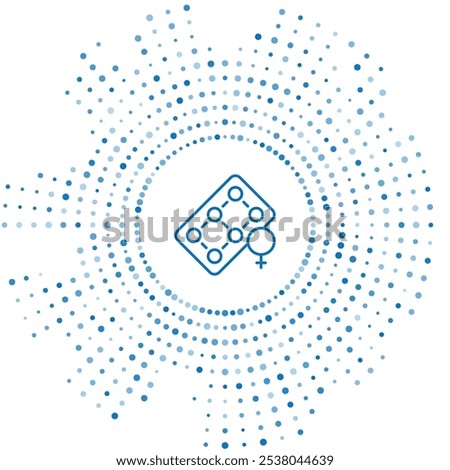 Blue line Packaging of birth control pills icon isolated on white background. Contraceptive pill. Abstract circle random dots. Vector