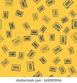Blue line Page with a 404 error icon isolated seamless pattern on yellow background. Template reports that the page is not found.  Vector Illustration