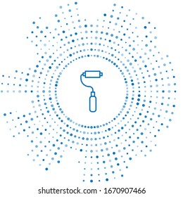 Blue line Paint roller brush icon isolated on white background. Abstract circle random dots. Vector Illustration