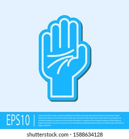 Blue line Palmistry of the hand icon isolated on grey background.  Vector Illustration