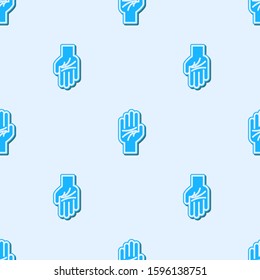 Blue line Palmistry of the hand icon isolated seamless pattern on grey background.  Vector Illustration