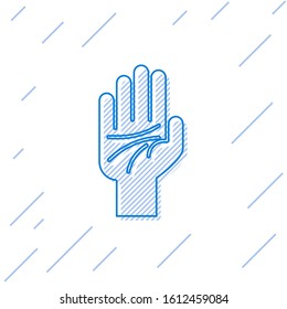 Blue line Palmistry of the hand icon isolated on white background.  Vector Illustration