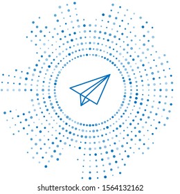 Blue line Paper airplane icon isolated on white background. Abstract circle random dots. Vector Illustration