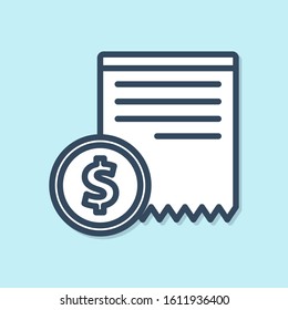 Blue line Paper check and financial check icon isolated on blue background. Paper print check, shop receipt or bill.  Vector Illustration