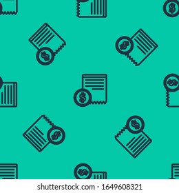 Blue line Paper check and financial check icon isolated seamless pattern on green background. Paper print check, shop receipt or bill.  Vector Illustration