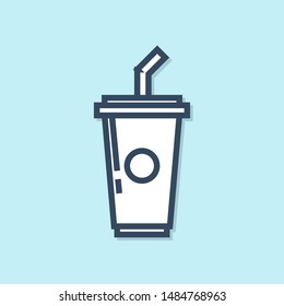 Blue line Paper glass with drinking straw and water icon isolated on blue background. Soda drink glass. Fresh cold beverage symbol.  Vector Illustration