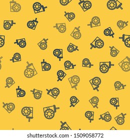 Blue line Paper glass with drinking straw and donut icon isolated seamless pattern on yellow background. Soda aqua drink sign. Fast food menu.  Vector Illustration