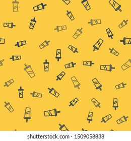 Blue line Paper glass with drinking straw and water icon isolated seamless pattern on yellow background. Soda drink glass. Fresh cold beverage symbol.  Vector Illustration