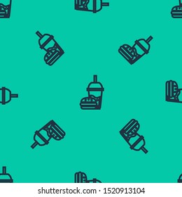 Blue line Paper glass with drinking straw and burger icon isolated seamless pattern on green background. Soda aqua drink sign. Hamburger, cheeseburger sandwich.  Vector Illustration