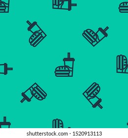 Blue line Paper glass with drinking straw and burger icon isolated seamless pattern on green background. Soda aqua drink sign. Hamburger, cheeseburger sandwich.  Vector Illustration