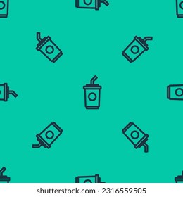Blue line Paper glass with drinking straw and water icon isolated seamless pattern on green background. Soda drink glass. Fresh cold beverage symbol.  Vector