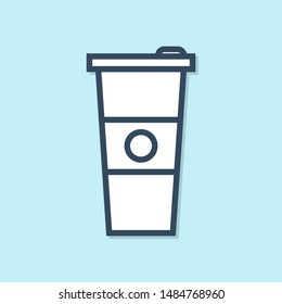 Blue line Paper glass and water icon isolated on blue background. Soda drink glass. Fresh cold beverage symbol.  Vector Illustration