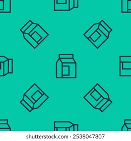 Blue line Paper package for milk icon isolated seamless pattern on green background. Milk packet sign.  Vector