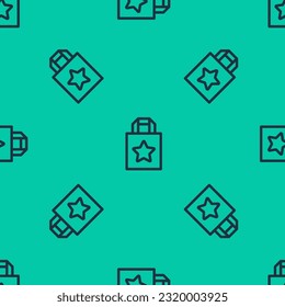 Blue line Paper shopping bag icon isolated seamless pattern on green background. Package sign.  Vector