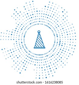 Blue line Party hat icon isolated on white background. Birthday hat. Abstract circle random dots. Vector Illustration