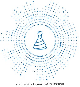Blue line Party hat icon isolated on white background. Birthday hat. Abstract circle random dots. Vector