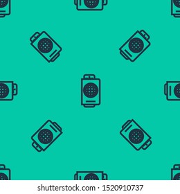 Blue line Passport with ticket icon isolated seamless pattern on green background. Identification Document. Concept travel and tourism.  Vector Illustration