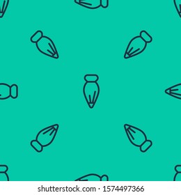 Blue line Pastry bag for decorate cakes with cream icon isolated seamless pattern on green background. Kitchenware and utensils.  Vector Illustration