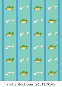 Blue line pattern background with cute cartoon green turtle and fish bones