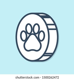 Blue line Paw print icon isolated on blue background. Dog or cat paw print. Animal track.  Vector Illustration