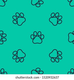 Blue line Paw print icon isolated seamless pattern on green background. Dog or cat paw print. Animal track.  Vector Illustration