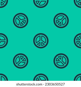 Blue line Peace icon isolated seamless pattern on green background. Hippie symbol of peace.  Vector Illustration