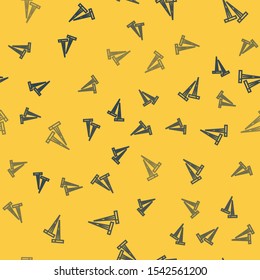 Blue line Pegs for tents icon isolated seamless pattern on yellow background. Extreme sport. Sport equipment.  Vector Illustration