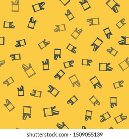 Blue line Pencil case stationery icon isolated seamless pattern on yellow background. Pencil, pen, ruler in a glass for office.  Vector Illustration