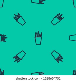 Blue line Pencil case stationery icon isolated seamless pattern on green background. Pencil, pen, ruler in a glass for office.  Vector Illustration