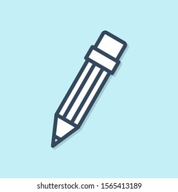 Blue line Pencil with eraser icon isolated on blue background. Drawing and educational tools. School office symbol.  Vector Illustration