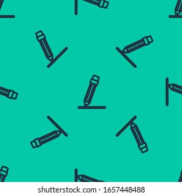 Blue line Pencil with eraser and line icon isolated seamless pattern on green background. Education sign. Drawing and educational tools.  Vector Illustration
