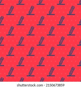 Blue line Pencil with eraser icon isolated seamless pattern on red background. Drawing and educational tools. School office symbol.  Vector