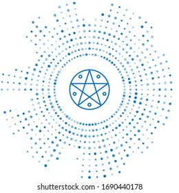 Blue line Pentagram in a circle icon isolated on white background. Magic occult star symbol. Abstract circle random dots. Vector Illustration