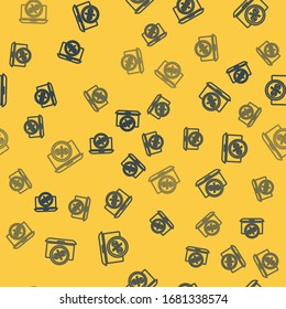 Blue line Percent symbol discount and laptop icon isolated seamless pattern on yellow background. Sale percentage - price label, tag.  Vector Illustration