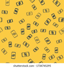 Blue line Percent symbol discount and mobile phone icon isolated seamless pattern on yellow background. Sale percentage - price label, tag.  Vector Illustration