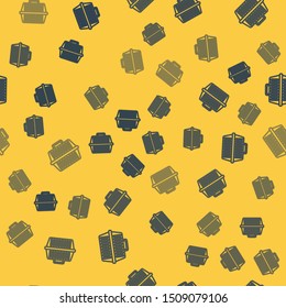 Blue line Pet carry case icon isolated seamless pattern on yellow background. Carrier for animals, dog and cat. Container for animals. Animal transport box.  Vector Illustration