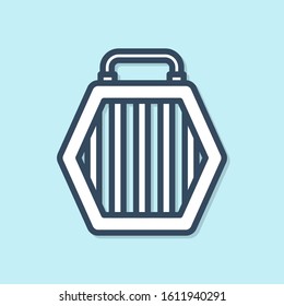 Blue line Pet carry case icon isolated on blue background. Carrier for animals, dog and cat. Container for animals. Animal transport box.  Vector Illustration