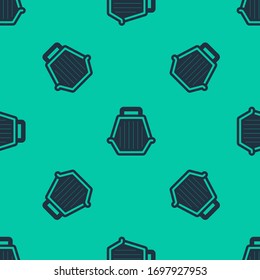 Blue line Pet carry case icon isolated seamless pattern on green background. Carrier for animals, dog and cat. Container for animals. Animal transport box.  Vector Illustration