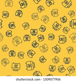 Blue line Pet first aid kit icon isolated seamless pattern on yellow background. Dog or cat paw print. Clinic box.  Vector Illustration