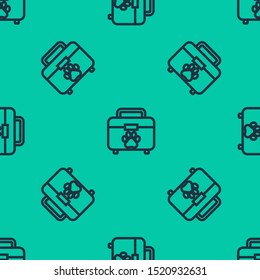 Blue line Pet first aid kit icon isolated seamless pattern on green background. Dog or cat paw print. Clinic box.  Vector Illustration