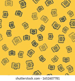 Blue line Pet first aid kit icon isolated seamless pattern on yellow background. Dog or cat paw print. Clinic box.  Vector Illustration