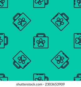 Icono del kit de primeros auxilios de la línea azul Pet aislado en un patrón sin fisuras en el fondo verde. Papas de perro o gato. Clínica.  Ilustración vectorial
