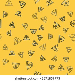 Blue line Pet food bowl for cat or dog icon isolated seamless pattern on yellow background. Dog or cat paw print.  Vector