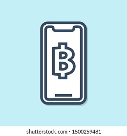 Blue line Phone mobile and cryptocurrency coin Bitcoin icon isolated on blue background. Physical bit coin. Blockchain based secure crypto currency.  Vector Illustration