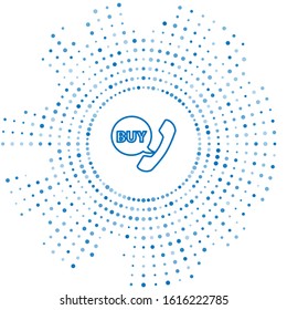 Blue line Phone and speech bubble with text Buy icon isolated on white background. Online buying symbol. Supermarket basket symbol. Abstract circle random dots. Vector Illustration