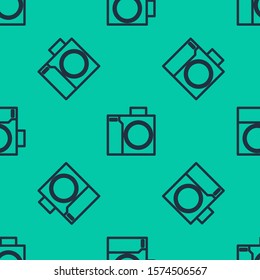 Blue line Photo camera for diver icon isolated seamless pattern on green background. Foto camera icon. Diving underwater equipment.  Vector Illustration