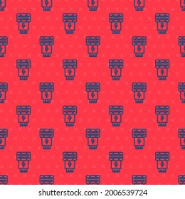 Blue line Photo camera flash icon isolated seamless pattern on red background.  Vector